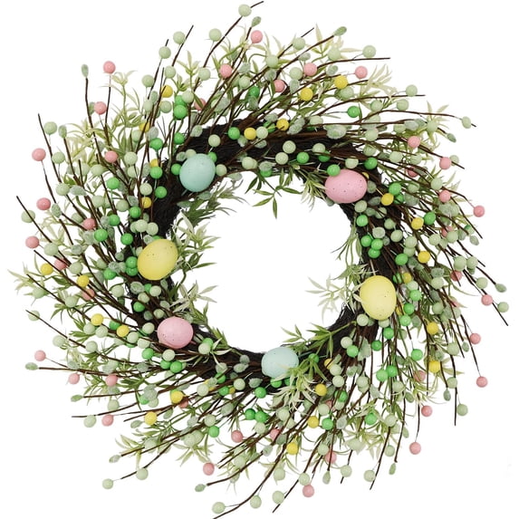 JEWLALO 20" Easter Egg Wreath, Pastel Berry & Greenery Spring Wreath for Front Door, Indoor Outdoor Rustic Grapevine Holiday Wall Decor