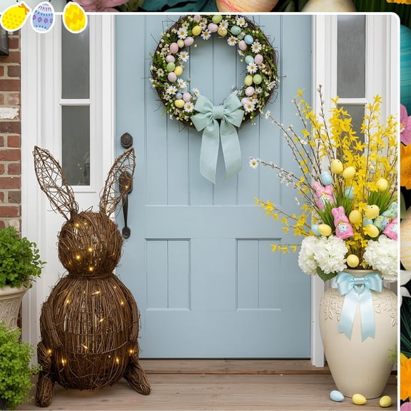 JEWLALO 20'' Easter Lighted Wicker Bunny, Woven Rabbit Decorations for Spring, Rattan Bunny Figurines for Table Centerpiece in Living Room, Dining Room, Easter Home Decor