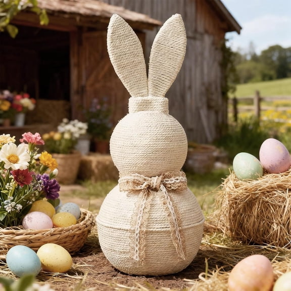 JEWLALO 20" Rattan Bunny with Bow Rabbit Easter Decorations, Spring Rabbit Decoration Statue Figurine for Home Farmhouse