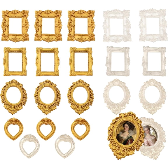 JEWLALO 20PCS Vintage Mini Frames Bulk, 12 Antique Gold & 8 Crystal Holographic Resin Frames, Small Baroque Ornate Picture Frames for Jewelry Photography Props, DIY Crafts, Wedding Decor