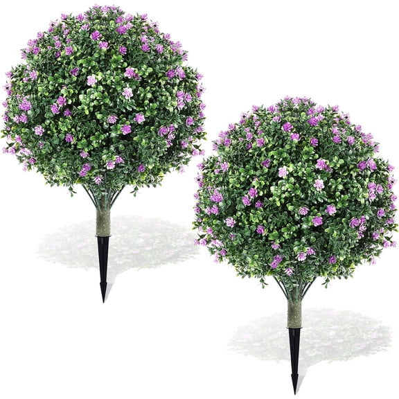 JEWLALO 2PCS Artificial Boxwood Topiary Ball Tree, Fake Bushes Shrubs Plant with Ground Spike, UV Resistance Greenery for Front Porch Garden Patio Indoor Outdoor Spring Decors (Light Purple)