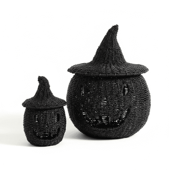 JEWLALO 2PCS Black Woven Pumpkin Baskets with Witch Hat Lids, Rustic Fall Harvest Decorative Jack-O-Lanterns for Farmhouse Mantle Decor and Spooky Halloween Tabletop Displays