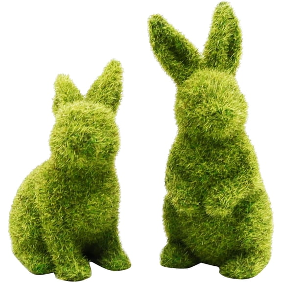 JEWLALO 2PCS Easter Moss Bunny Figurine, Flocked Rabbit Statue Figurine, Green Imitation Moss Rabbit Sculpture for Easter Festival Garden Yard Home Party Ornament Decoration