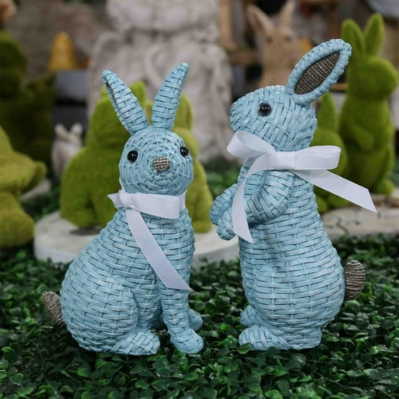 JEWLALO 2PCS Rattan Rabbit Easter Decorations, Bunny Easter Ornaments, Outdoor Garden Statue Animals Figurine for Home Farmhouse Courtyard Lawn Tabletop Decoration, Gifts for Easter (Blue)
