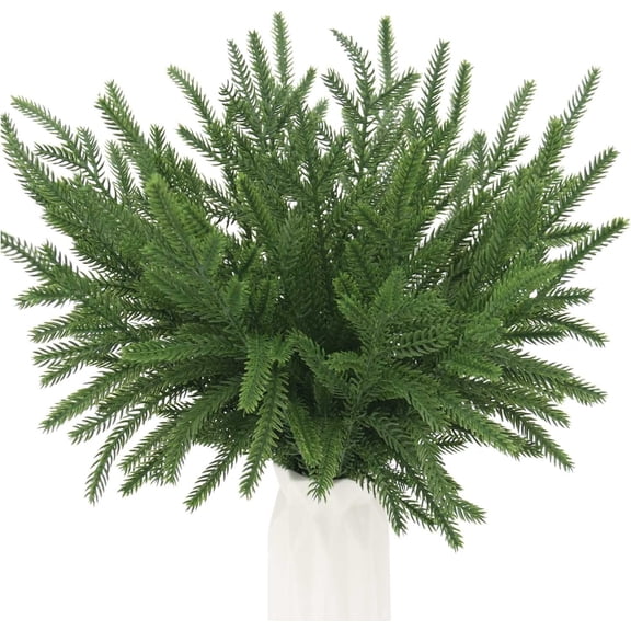 JEWLALO 32 Pcs Norfolk Pine Picks Norfolk Stems 18 Inch Artificial Pine Branches, Faux Evergreen Stems Fake Foliage Christmas Greenery for Wreath Garland Filler Vase Arrangements Xmas DIY Crafts