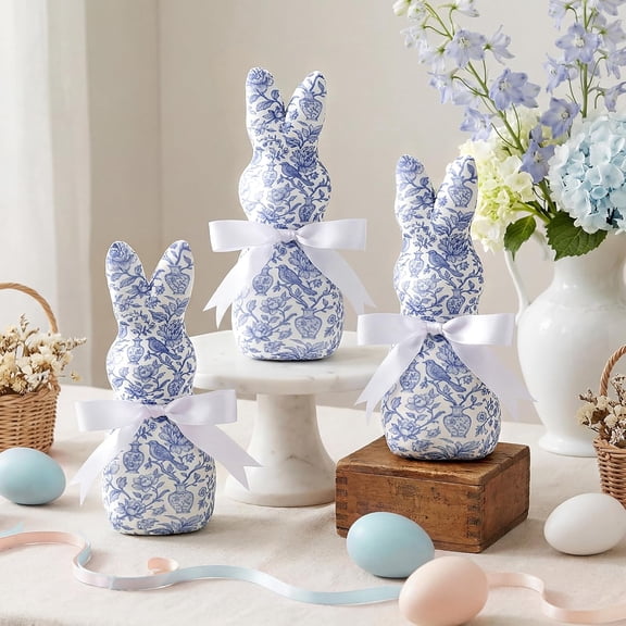 JEWLALO 3PCS Easter Bunny Decorations, 7.5" Blue & White Bunny Table Centerpieces, Fabric Wrapped Rabbit Figurines with Bowtie, Spring Easter Decor for Home Tabletop Party Gift