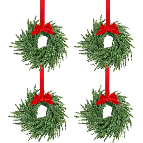 JEWLALO 4PC Small Christmas Norfolk Wreaths, 8" Mini Wreaths for Kitchen Cabinets with Bow Ribbon, Real Touch Norfolk Pine Decorative Hanging Greenery for Xmas Window Door Farmhouse Decor (Red)