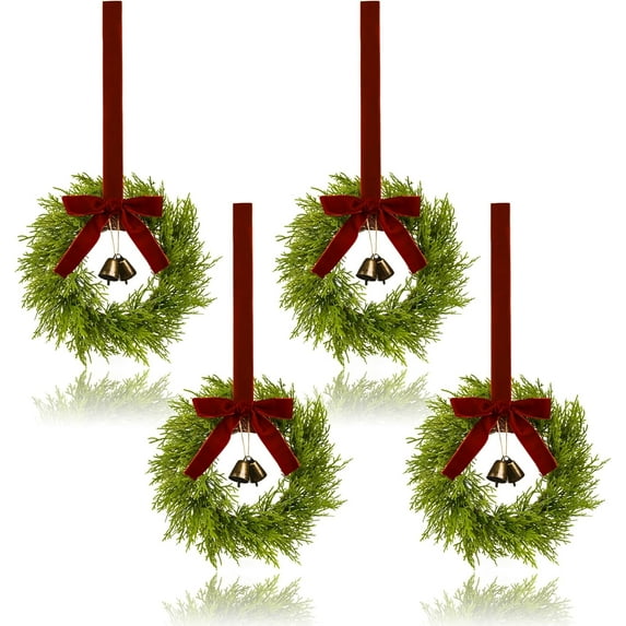 JEWLALO 4Pcs Mini Christmas Wreath, 12 Inch Small Wreaths for Kitchen Cabinets, with Deep Red Bow Vintage Bells Pine and Cypress Leaves for Fireplace Window Farmhouse Indoor Home Decorations