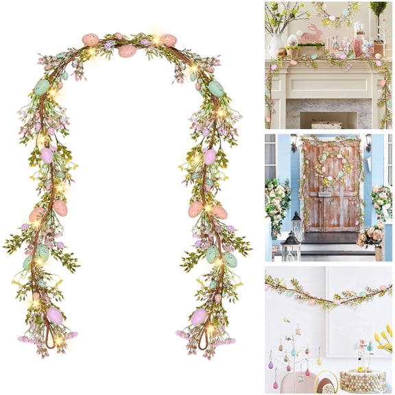 JEWLALO 6FT Lighted Easter Egg Garland with Spring Flowers, Artificial Rustic Egg Floral Vine String Garland for Easter Wreath Spring Party Supply Decors (1PCS)