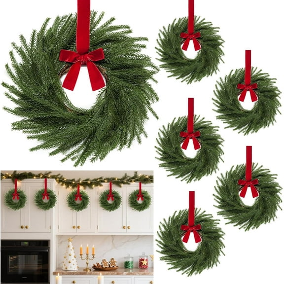 JEWLALO 6PC 11" Mini Christmas Wreath Small Christmas Kitchen Cabinet Wreaths with Red Velvet Bow, Artificial Norfolk Pine Wreath Outdoor Xmas Wreaths for Windows Door Chairs Wall Stairs Home Decor