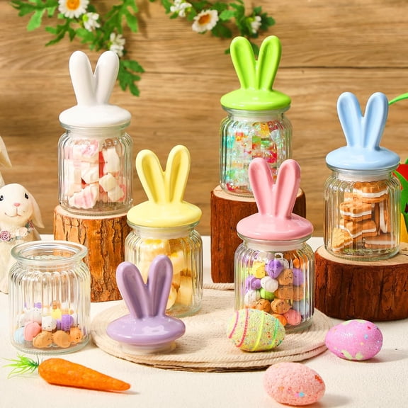 JEWLALO 6PCS Easter Glass Jar with Bunny Ear Lid Bunny Candy Cookie Jar, Colored Egg Rabbit Shape Clear Candy Storage for Party Cookie Table Decoration