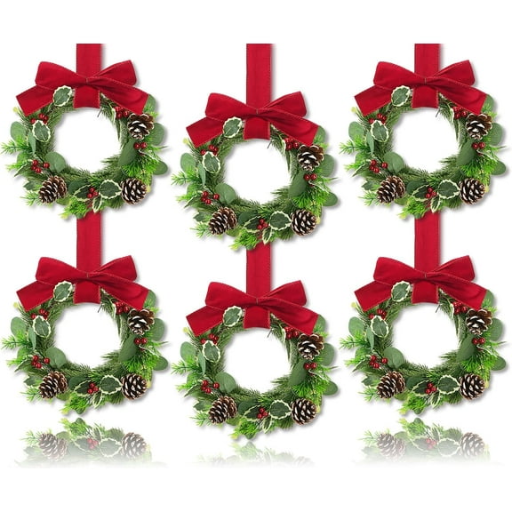 JEWLALO 6PCS Kitchen Cabinet Wreaths,10inch Christmas Wreaths for Chair Backs,Farmhouse Small Wreath with Bows Eucalyptus for Xmas Winter Holiday Window Door Wall Kitchen Decor