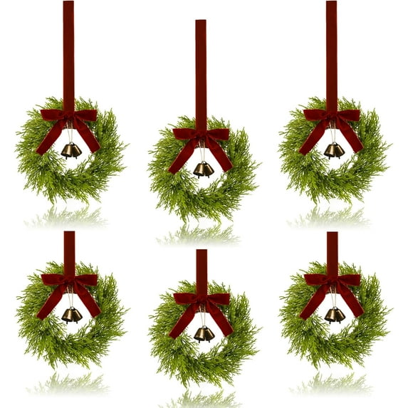 JEWLALO 6Pcs Mini Christmas Wreath, 12 Inch Small Wreaths for Kitchen Cabinets, with Deep Red Bow Vintage Bells Pine and Cypress Leaves for Fireplace Window Farmhouse Indoor Home Decorations