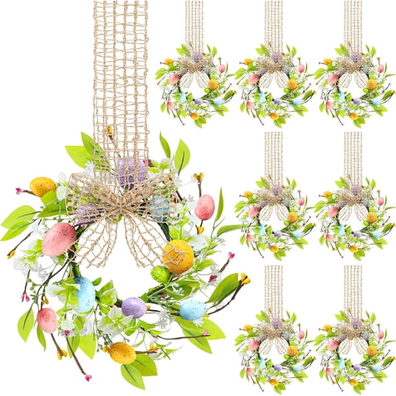 JEWLALO 8Pcs 4" Small Easter Wreaths for Kitchen Cabinet, Mini Spring Artificial Easter Egg Wreath with Ribbon Bow for Window Front Door Table Centerpiece Farmhouse Decors