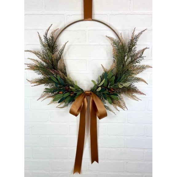 JEWLALO Artificial Olive Leaf & Fern Hoop Wreath, 18" Metal Ring Front Door Decor with Brown Ribbon, Rustic Spring Wall Hanging (Brown)