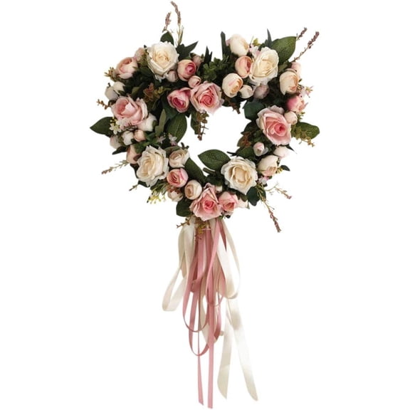 JEWLALO Artificial Rose Flowers Wreath, Valentine's Day Heart-Shaped Wreath, Artificial Spring Wreath for Home Wedding Indoor Outdoor Decorations