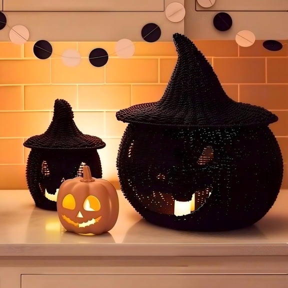 JEWLALO Black Rattan Pumpkin Decor Set, Hand-Woven Witchy Halloween Baskets for Moody Boho Home Styling, Unique Desktop Spooky Season Halloween Decorations