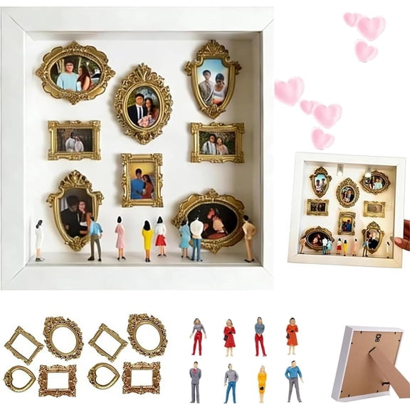 JEWLALO DIY Mini Museum Silhouette Box, Shadow Box Frame Kit with Gold Mini Frames & Figurines, DIY Photo Family Memory Display Case Frame Silhouette Boxes for Anniversary Home Decor