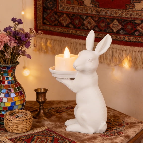 JEWLALO Elegant White Rabbit Tealight Candle Holder for Spring Table Decor, Modern Easter Centerpiece, Animal Statue for Mantle, Shelf, and Tiered Trays