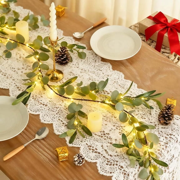 JEWLALO Fairy Light Olive Vine Garland, 6Ft Artificial Olive Vine Garland with Lights, Mantel Garland for Fall Halloween Christmas Spring Wedding Table Bedroom Decorations (Eucalyptus Leaf)