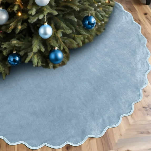 JEWLALO Gray Blue Christmas Tree Skirt, 48 Inches Neutral Velvet Christmas Tree Skirts Modern Scalloped Edge Xmas Decorations Minimalist Mat for Home Indoor Outdoor Holiday Party Decors