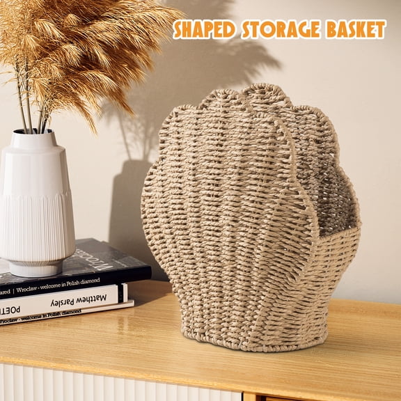 JEWLALO Scallop Rattan Basket, Scallop Wicker Storage Basket for Entryway Table, Boho Coastal Kitchen Tabletop Home Decors