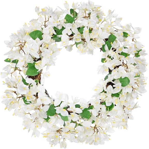 JEWLALO Spring Wreaths for Front Door, 18'' Fake Bougainvillea Flower Wreath, White Floral Hanging Wreath, Outdoor Summer Wreath for Home Wall Fireplace Front Porch Patio Decor