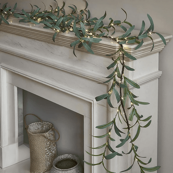 JEWLALO Fairy Light Olive Vine, 6ft Christmas Garland, Mossy Vine Branch Garlands Lights, Artificial Olive Garland for Fireplace Indoor Outdoor Christmas Decorations