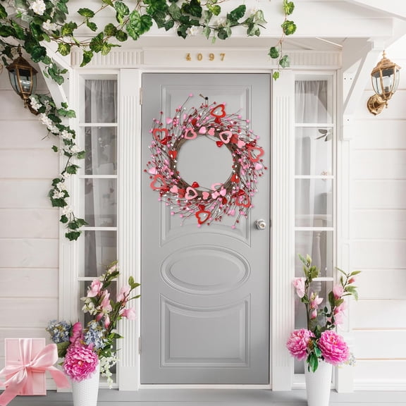 JEWLALO Valentine's Day Wreath, 18" Artificial Valentines Day Wreaths for Front Door Farmhouse with Red Pink White Wooden Heart Berries, Valentines Day Decors for Anniversary Wedding Indoor Outdoor