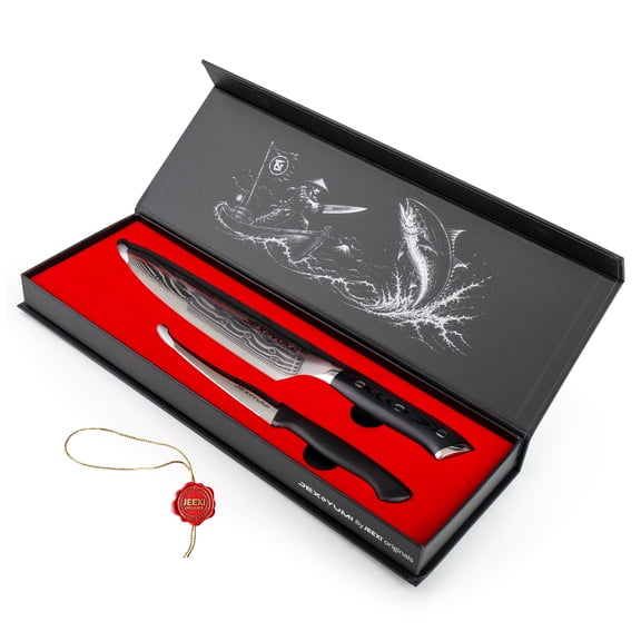 JEX & YUMI 2-Piece Chef Knife Set - VG10 Grade Kitchen Knife with Ergonomic G10 Handle & Serrated Utility Knife - Razor Sharp Blades with Damascus Pattern - Premium Gift Box