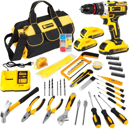 JEXUGK Home Tool Set with Power Drill, 245PCS Cordless Drill Set with 21V Battery Drill Driver, All Purpose Household Repairing Tool Kit with Drill, 25+3 Clutch Impact Combo Kit With Tool Bag