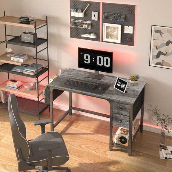JEZWX Computer Desk with Fabric Drawers, 40 Inch Gaming Desk for Small Space, Home Office Study Writing Table PC Desk for Bedroom, Gray