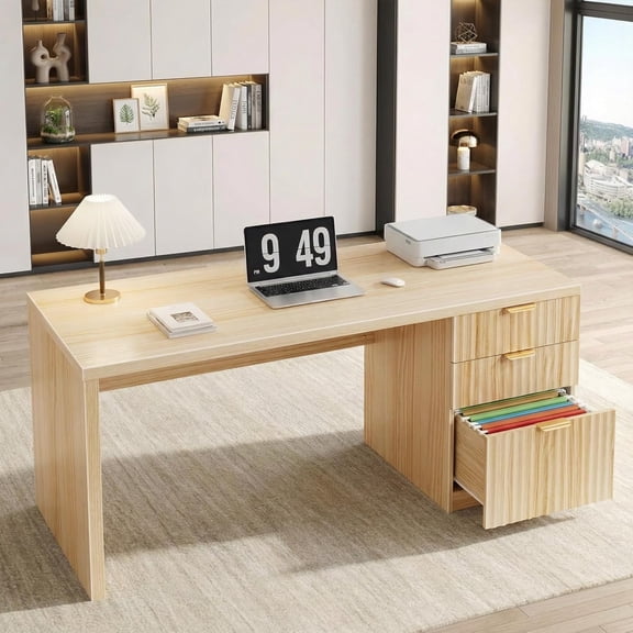 JEZWX Fluted Desk with File Drawers, 47 Inch Modern Executive Wooden Desk, Boho Computer Desk with Storage for Home Office, Study and Bedroom, Light Natural Oak