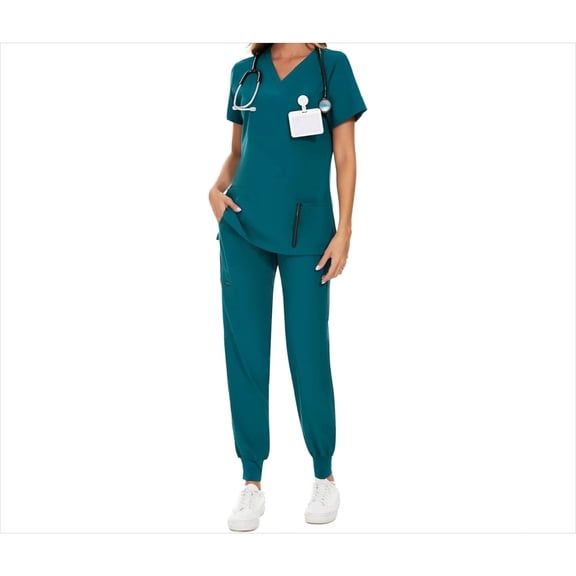 JEZWX Scrubs for Women Set - Stretch V-Neck Scrub Top & Jogger Pant with 8 Pockets COZY SCRUBS (Caribbean Blue)