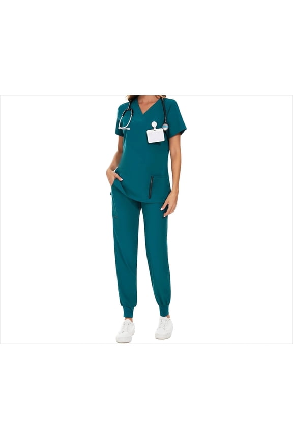 Scrubs for Women Set - Stretch V-Neck Scrub Top & Jogger Pant with 8 Pockets COZY SCRUBS (Caribbean Blue)
