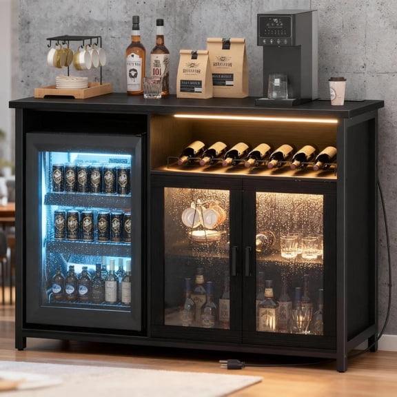 JEZWX Wine Bar Cabinet with Mini Fridge Space, Black Coffee Bar Cabinet and Liquor Cabinet with Storage Rack, Sideboard Buffet Table for Home Kitchen, Dining Room