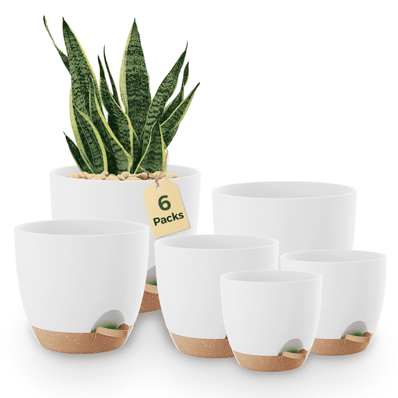 JF Self Watering Pots 6 Pack Plant pots Indoor planters 5/5.5/6/6.5/7/8 Inches flower pots with High Drainage Holes and Deep Reservoir for Indoor Outdoor Garden Plants and Flowers, White with Brown