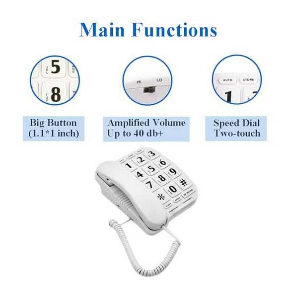 JF11W Big Button Phone for Seniors Home Large Phone Corded Landline for Elderly Amplified Phone for Hearing Impaired Aid Elderly Phones with Loud Speakerphone Desktop Telephone