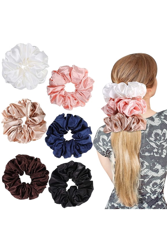 6 Pack Big Satin Scrunchies for Women Large Scrunchie Satin Hair Ties Oversized Thick Elastic Jumbo Hair Scrunchies