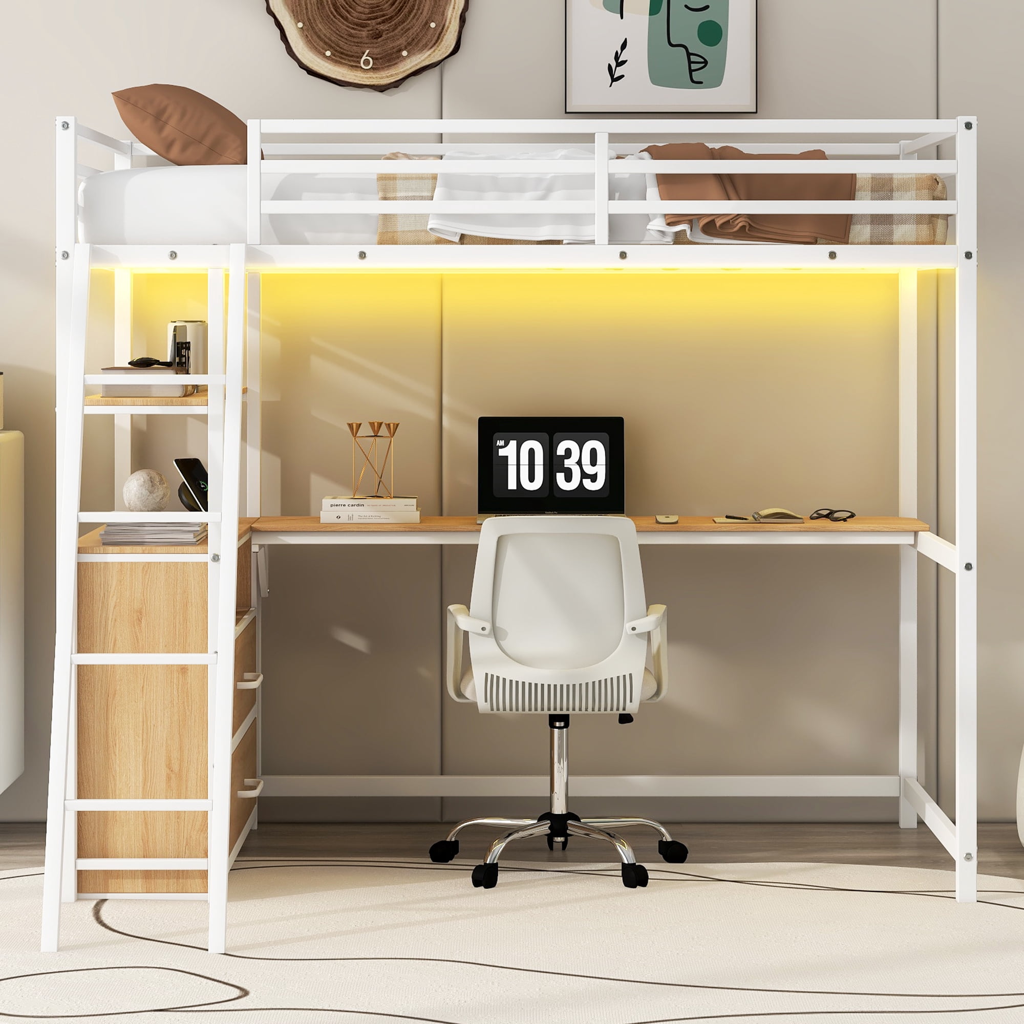 JFC Twin Size Metal&Wood Loft Bed Industrial Study Loft Bed w/L Shape ...