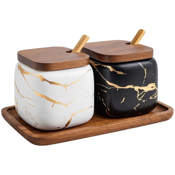 JFFLYIT 2 Sets of Marble Ceramic Sugar Bowl Ceramic Seasoning Jars with Wooden Lid and Wooden Spoon(Black and White)