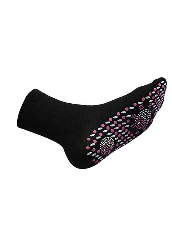 2 Pairs Self Heating Socks, Magnetic Therapy Foot Massage Socks, Non Slip Dot Warm Thermal Crew Socks for Men Women Home Floor Black One Size