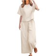 thumbnail image 1 of JFGHDG 2 Piece Outfits for Women Cotton Linen Lounge Set Short Sleeve Crewneck Top Elastic Waist Wide Leg Capri Pants Summer Casual Trendy Vacation Clothes Beige 3XL, 1 of 3