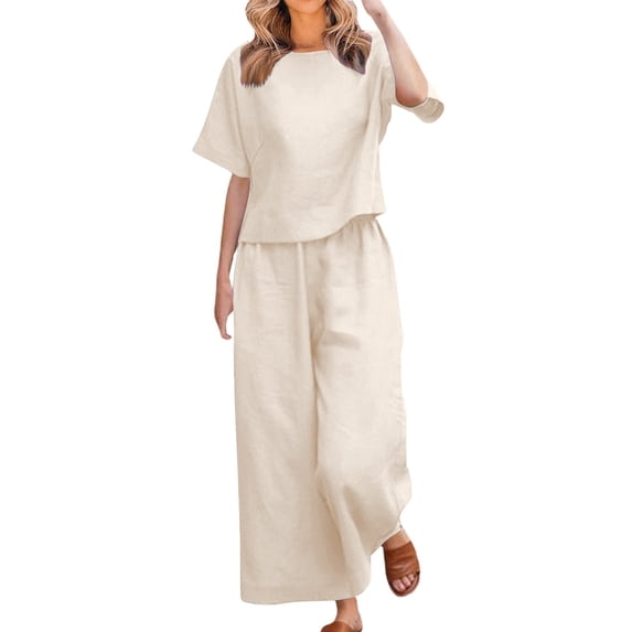 JFGHDG 2 Piece Outfits for Women Cotton Linen Lounge Set Short Sleeve Crewneck Top Elastic Waist Wide Leg Capri Pants Summer Casual Trendy Vacation Clothes Beige 3XL