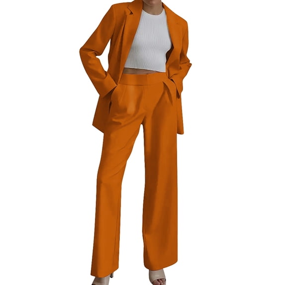 JFGHDG 2 Piece Outfits for Women Dressy Long Blazer Jackets High Waisted Wide Leg Pants Suits Set Business Casual Office Orange M