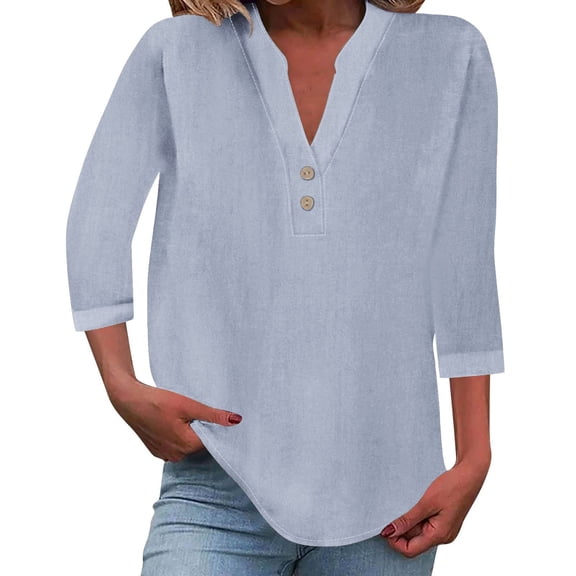 JFGHDG 3/4 length sleeve womens tops button down shirts for women Gauze Tees Casual Clothes Summer Tops for Women 2025 elbow length tee shirts for women Light Blue 5XL