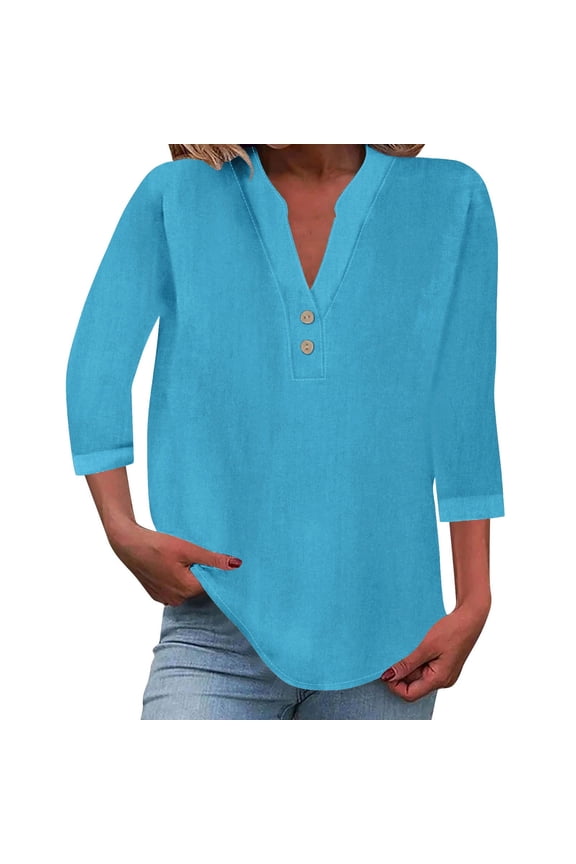 3/4 length sleeve womens tops button down shirts for women Roll Up Short Sleeve Tops Summer Tops for Women 2025 elbow length tee shirts for women V Neck Down Top T Shirt Sky Blue S