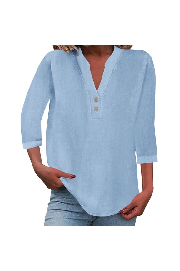 3/4 length sleeve womens tops button down shirts for women Roll Up Short Sleeve Tops womens short sleeve tops loose fitting tops for women V Neck Down Short Sleeve Top T Shirt Sky Blue 2XL