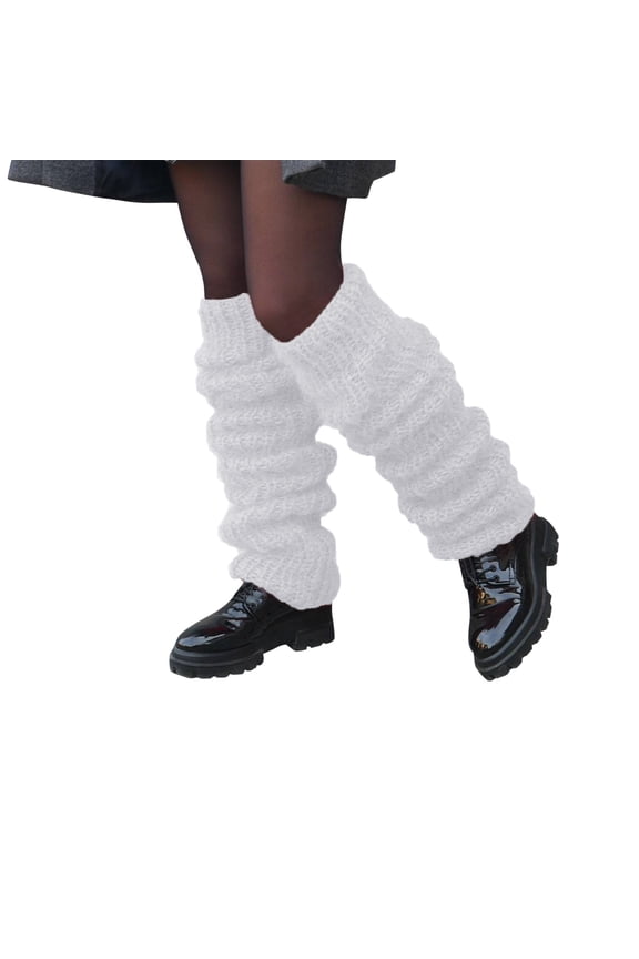 80s Cable Knit Leg Warmers for Women, Thick Stretchy Winter Non-Slip Knee High Leg Socks for Dance Yoga Party Junior White One Size