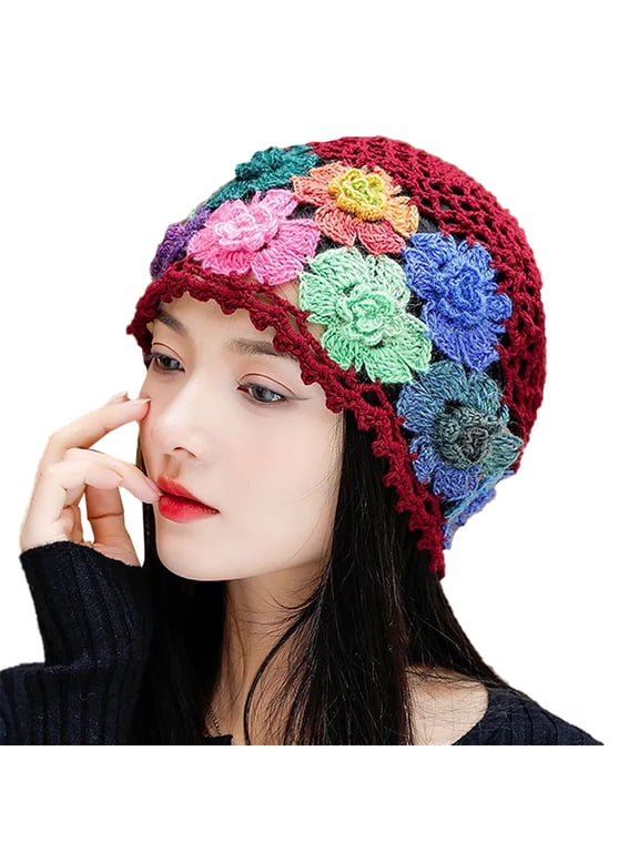 Aesthetic Crochet Beanie Hat Handmade Hollow Out Knit Head Cover Boho Flower Vintage Lightweight Summer Hat Red One Size